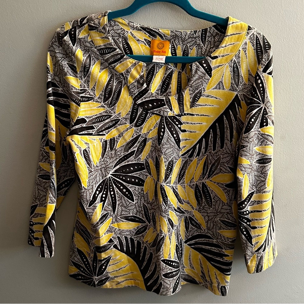 Ruby Rd Yellow Black Leaves 3/4 Sleeves Knit Top Size L Large - Picture 1 of 4